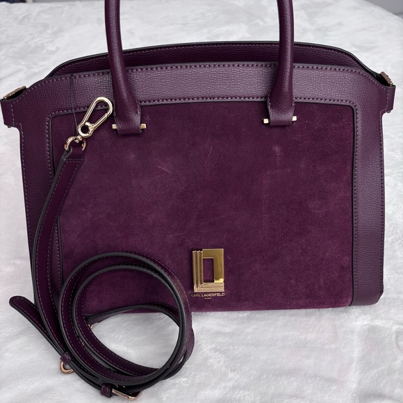 KARL LAGERFELD Simone Suede Leather Top Handle Raisin Satchel Crossbody--NWT - Picture 4 of 16
